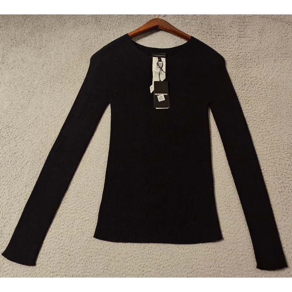 Emporio Armani Womens Black Ribbed Knit Cashmere Blend Top Size Medium Italy NWT
